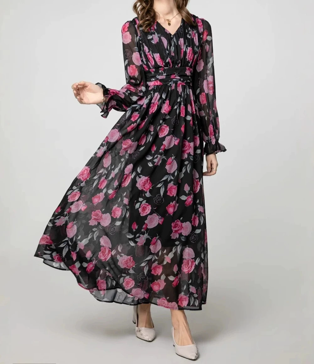 

2025 Spring and Summer New V-neck waist retro print rose long sleeve chiffon maxi dress casual-GZXX122