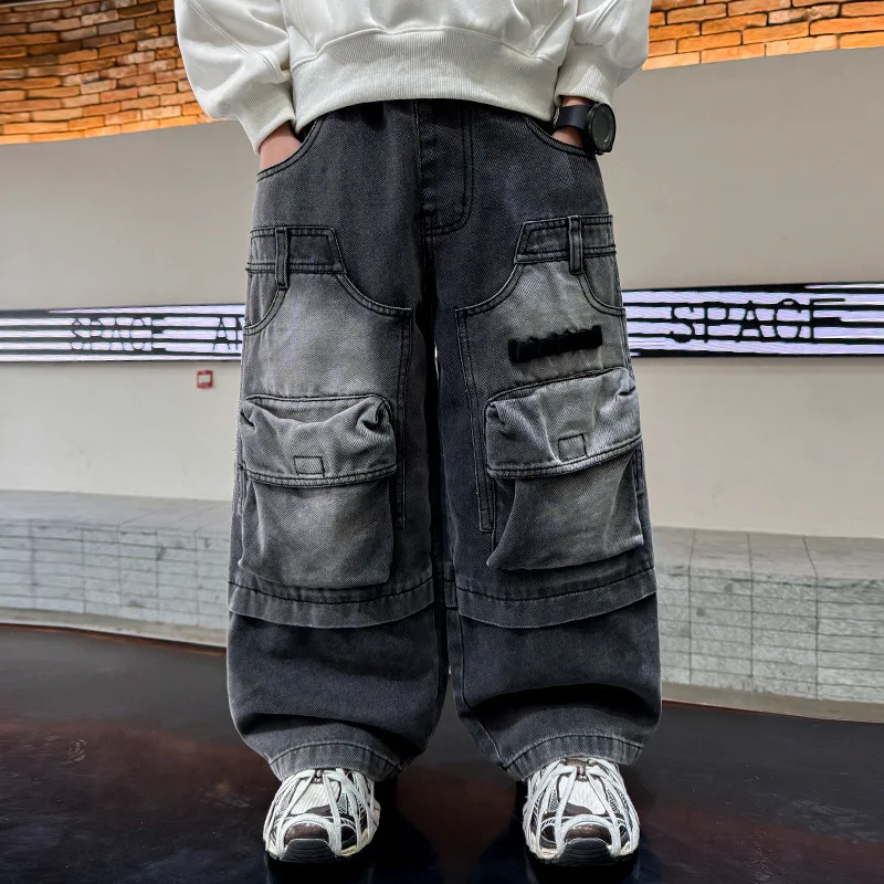 عالية الجودة للأطفال العمل الثقيل فضفاض البضائع الجينز للمراهقين الصبي فضفاضة تناسب جيب الدنيم السراويل التوأم الطفل موضة الجينز بنطلون #2