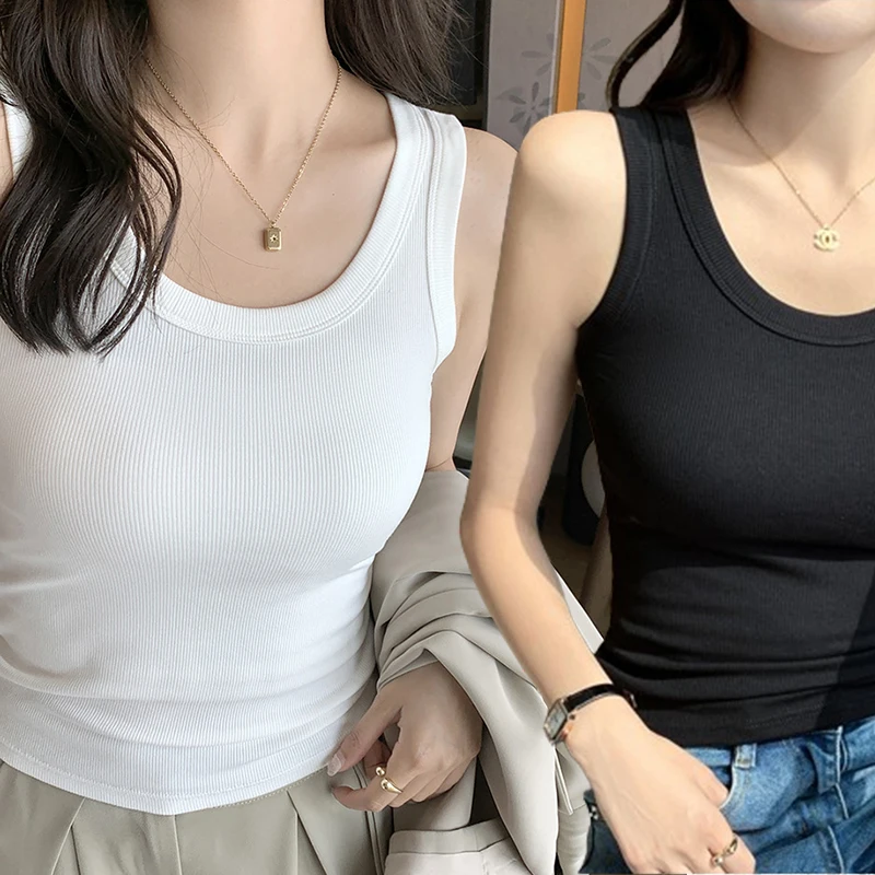 2024 New O Neck Summer Solid Knit Vest Sleeveless Women Sexy Basic T Shirt White Off Shoulder Ribbed Black Tank Tops Casual