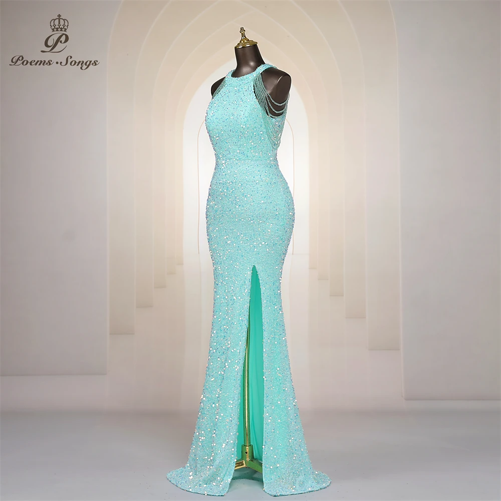 Plus Size Sexy shoulder beads Long Formal Evening Dresses Mermaid Sequins Women Party Dresses Gown Maxi dress robe de soirée