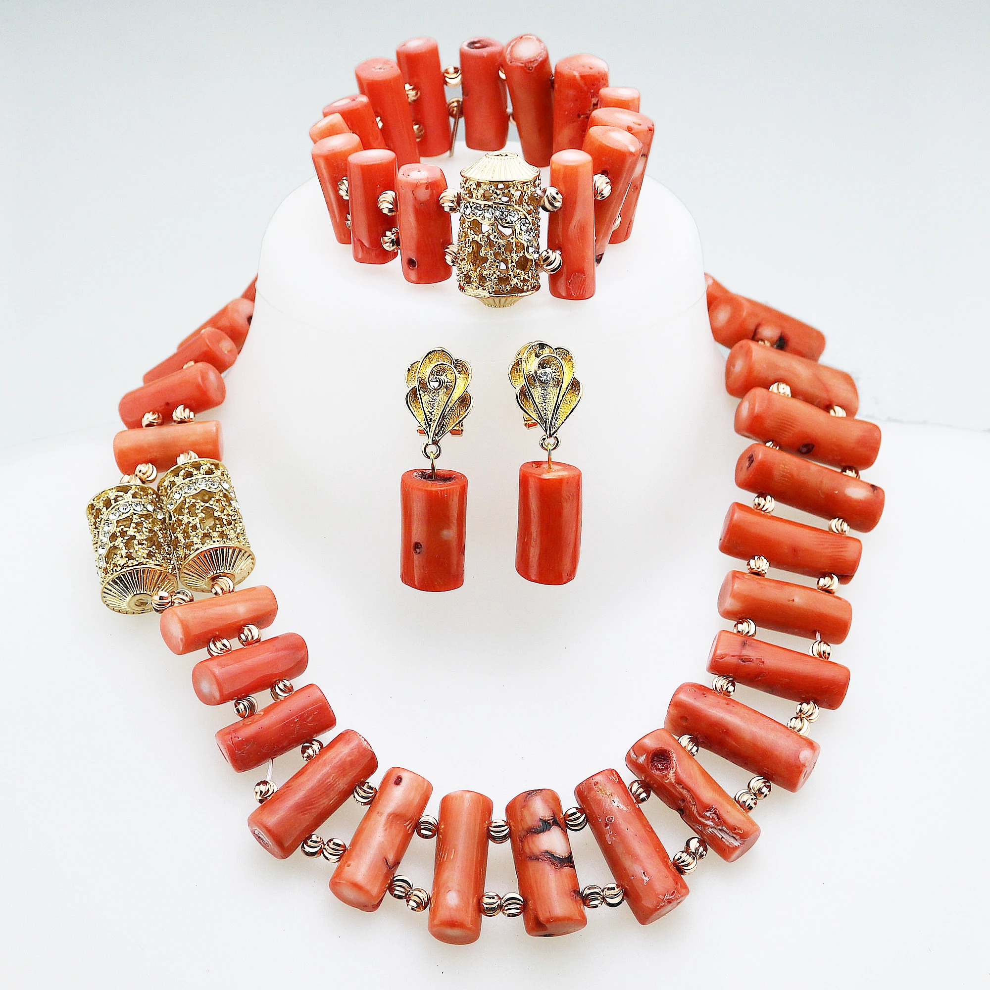 Natural coral necklace Original l Coral Women Pendant Necklace Bracelets Earrings Suit African Wedding Jewelry Set Nigeria Bride