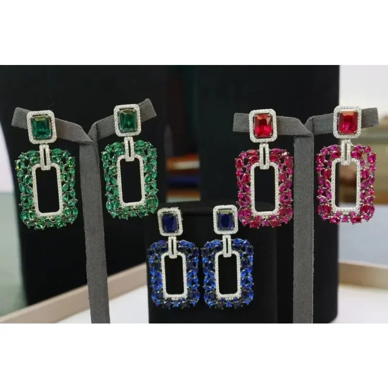 RUIF New Classic Style 925 Silver Rectangular Geometry Green Blue Red Zircon Earrings Women Jewelry Ladies Party Gift