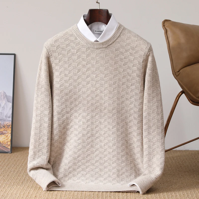 MVLYFLRT Men's 100% Merino Wool Round Neck Pullover Sweater Braided Knit Winter Thick Clothing Comfortable Soft Fabric