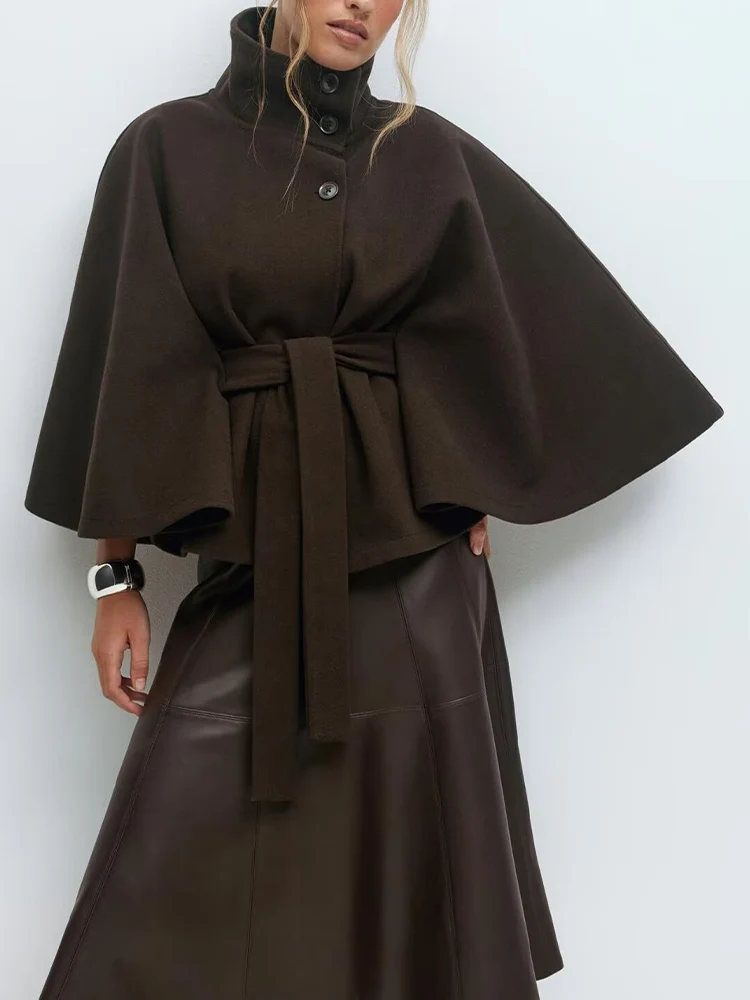 

Европейская и американская женская осенне-зимняя новая модная однотонная накидка с воротником-стойкой и пуговицами, ветровка, куртка