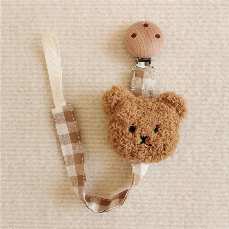 Ins Cute Bear Wooden Soother Clips Baby Pacifier Holder Plaid Anti Drop Chain Newborn Nipples Pacifiers Dummy Clip Baby Gift