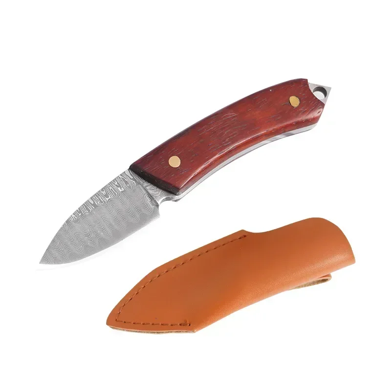 Outdoor Portable 3CR13 Stainless Steel Damascus Pattern Fixed Blade Keyring EDC Practical Leather Cover