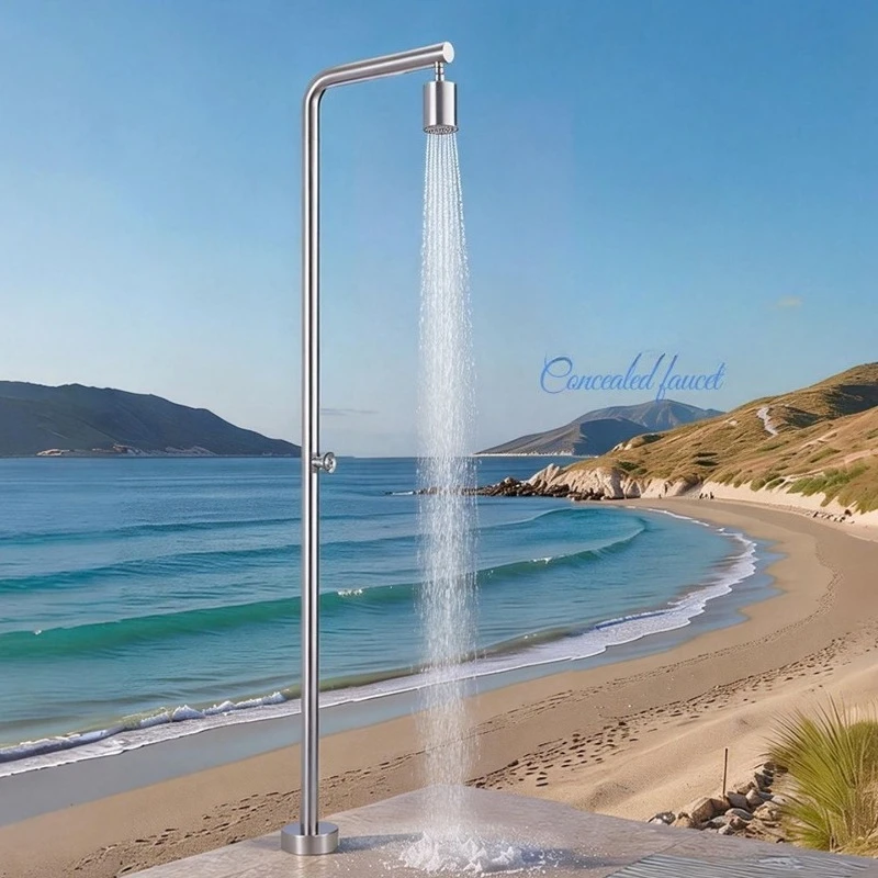Stainless Steel Vertical Outdoor Shower with Cold Hot Water Dual Control Handheld Head for Garden Courtyard Beach Side