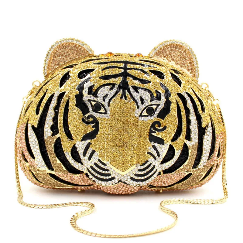 

Tiger head Hollow out styling Gold Diamond Wedding Dress Bags Bridal Crystal Handbags Purses Metal Women Rhinestones Clutch Purs