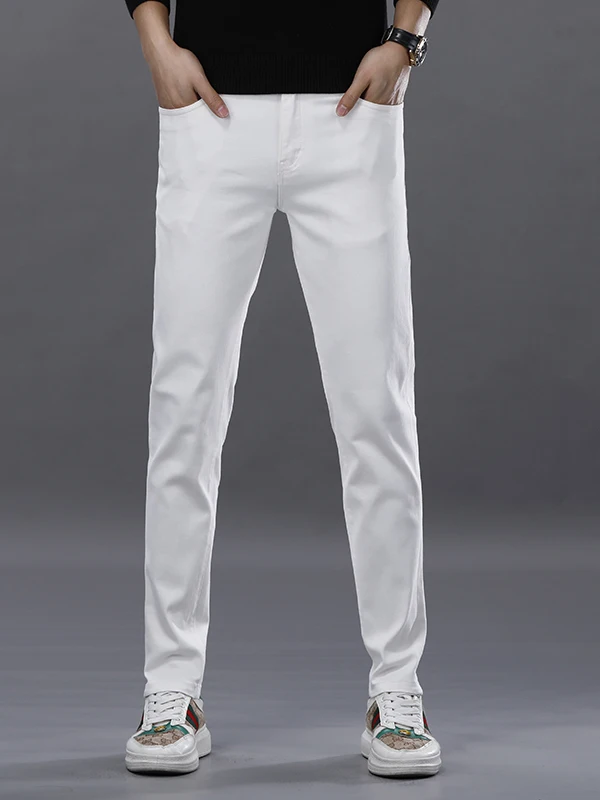 

Высококачественные мужские джинсы в европейском стиле с принтом, белые, с карманами, прямого кроя, повседневные, длинные брюки, осенне-зимние, износостойкие