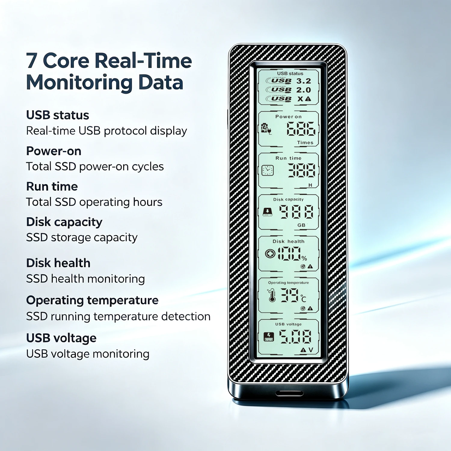 M.2 SSD Enclosure with Smart Display ,Real-Time SSD Health Monitor, USB 3.2 Gen 2 10Gbps, NVMe & SATA Dual Protocol M.2 SSD Case