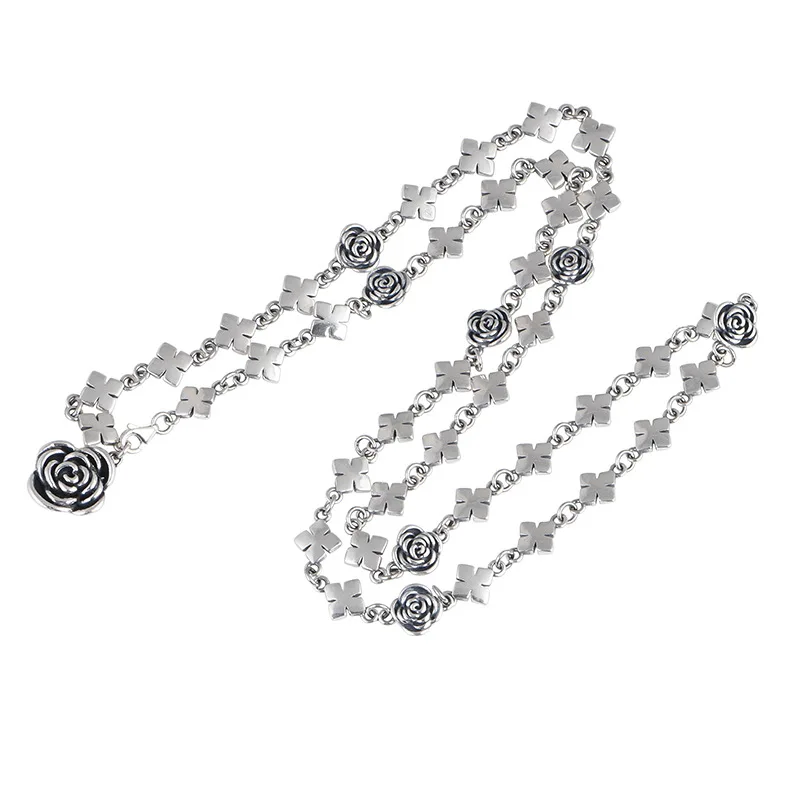 BOCAI NEW S925 Sterling Silver Vintage Personalized Rose Cross Necklace Female Long Sweater Chain Flexible Buckle Positi