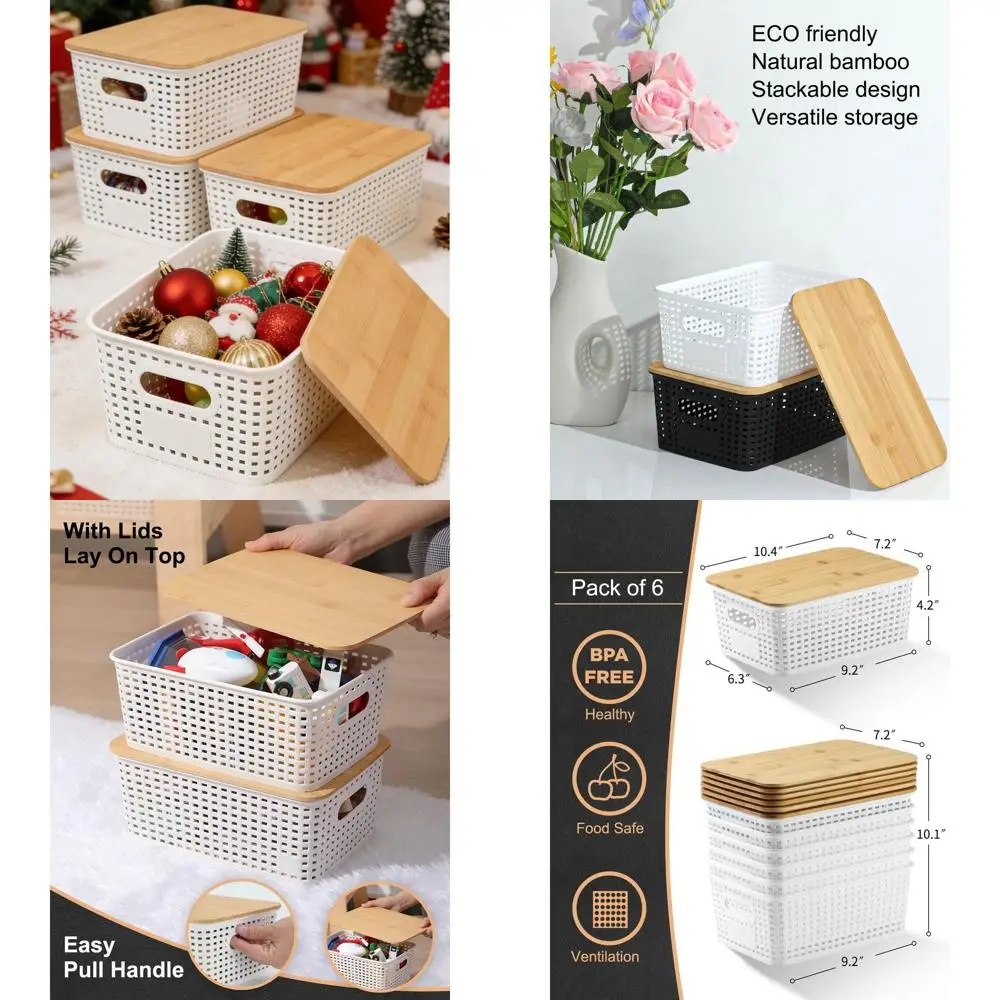 

6-Pack White Bamboo Lid Plastic Storage Bins for Home, Office, and Classroom Organization