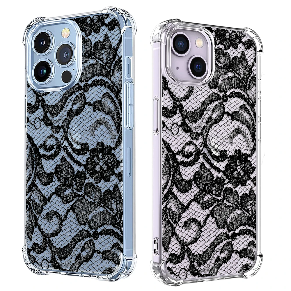 Custodia per telefono con motivo in pizzo nero per iPhone 15 14 13 12 11 Pro X XS XR Max 7 8 Plus SE 2 3 Mini Cover antiurto in TPU trasparente