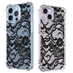 Black Lace Pattern Phone Case For iPhone 15 14 13 12 11 Pro X XS XR Max 7 8 Plus SE 2 3 Mini Soft Clear TPU Shockproof Cover