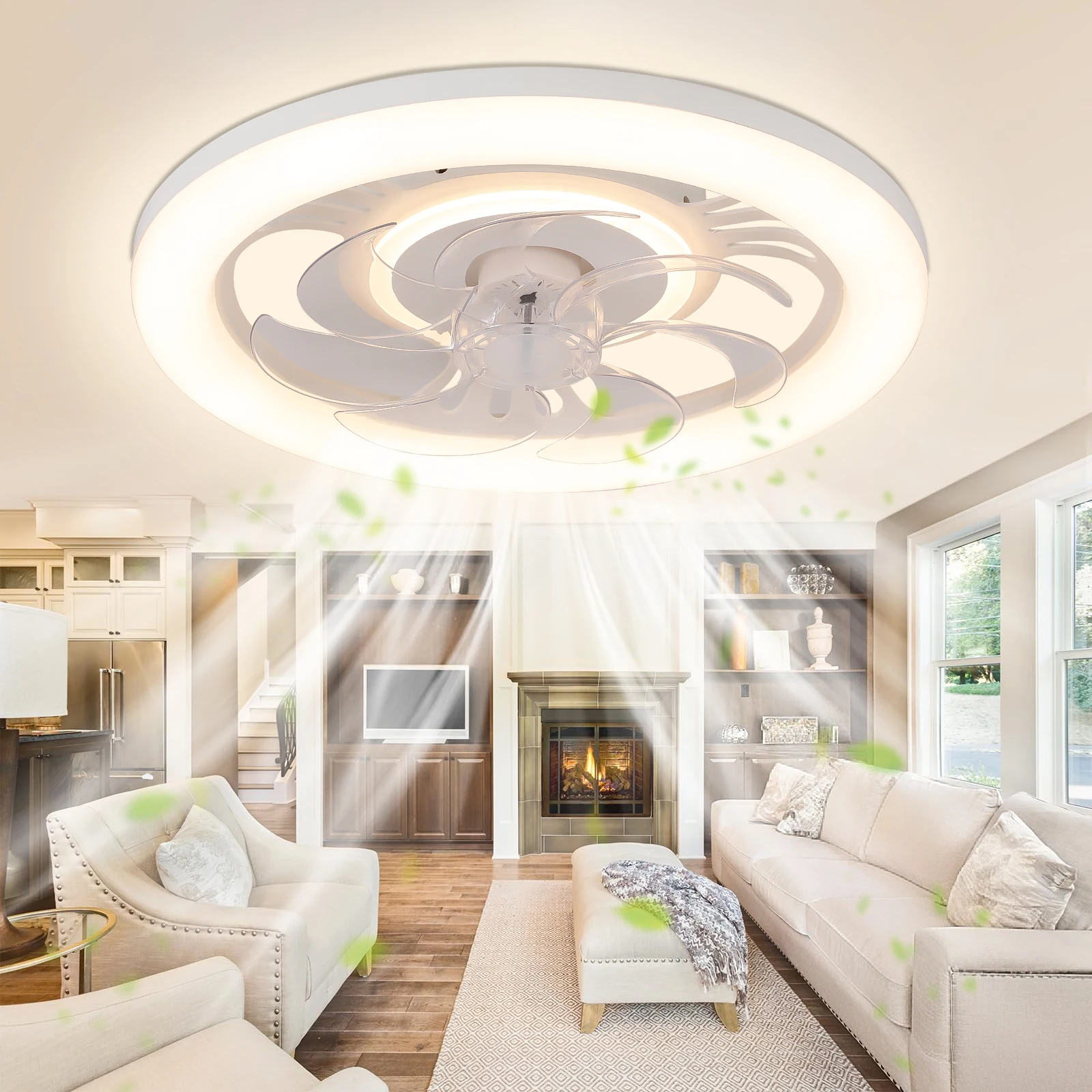 

20 Inch White Ceiling Fan With Light And Rc Modern Recessed 6 Speed Reversible 3cct Bedroom Living Room 110-220V