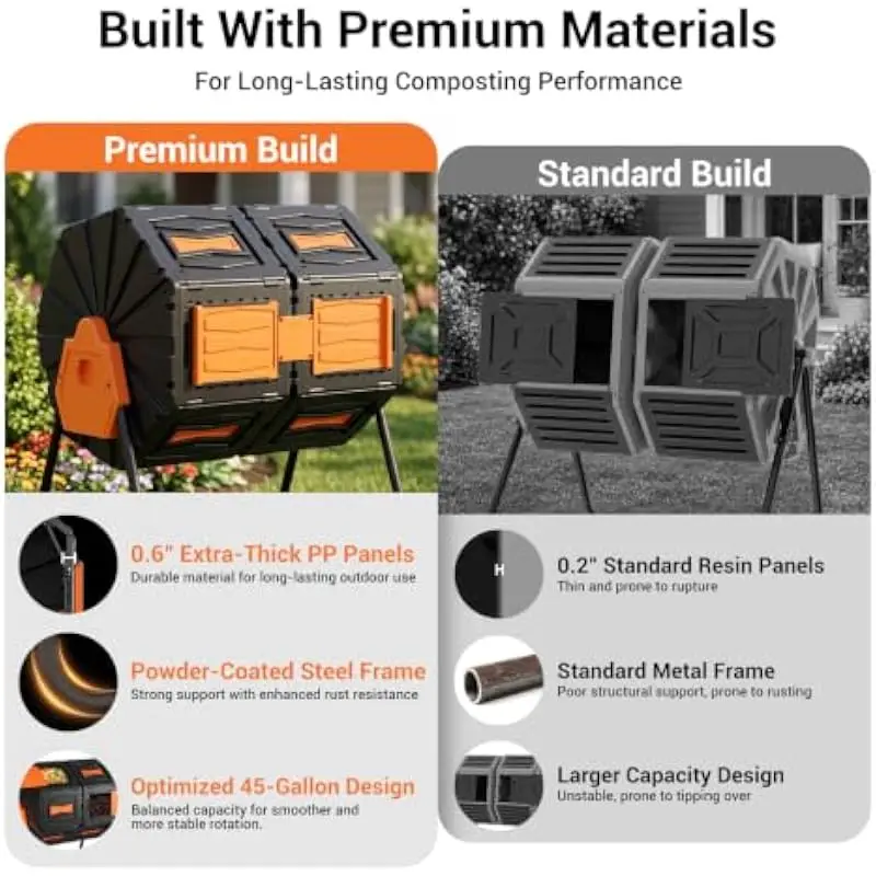 Compost Tumbler with Dual 22.5 Gallon Hexagonal Chambers, UV-Resistant Polypropylene Construction, Aeration Fins & Vent Holes, S