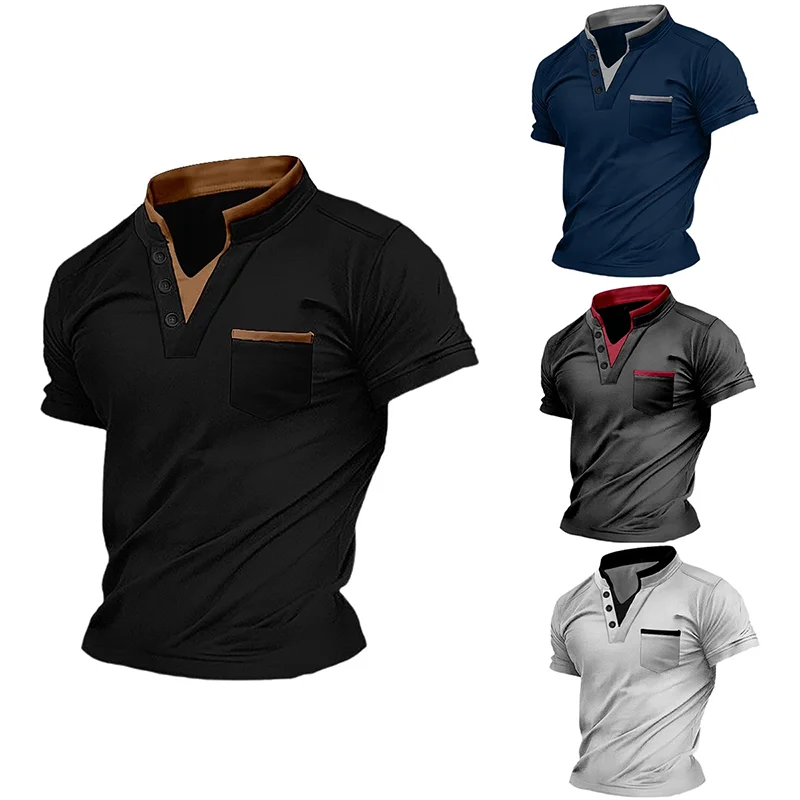 New Summer Men's Business Short Sleeve Stand Neck Contrasting Colors Polyester T-shirt Youth Fashion Solid  Shirt Top T-shirt