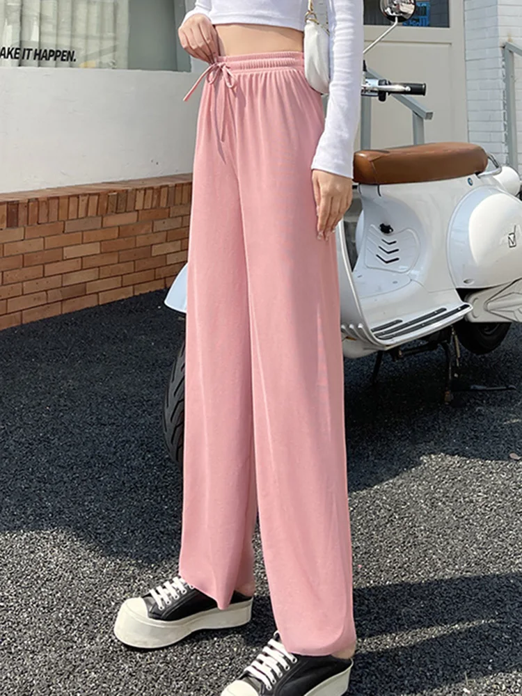 Wide Leg Pants Outdoor Trousers Solid Color Long New Summer High Waist Draping Loose Casual Elastic Ice Silk  Female