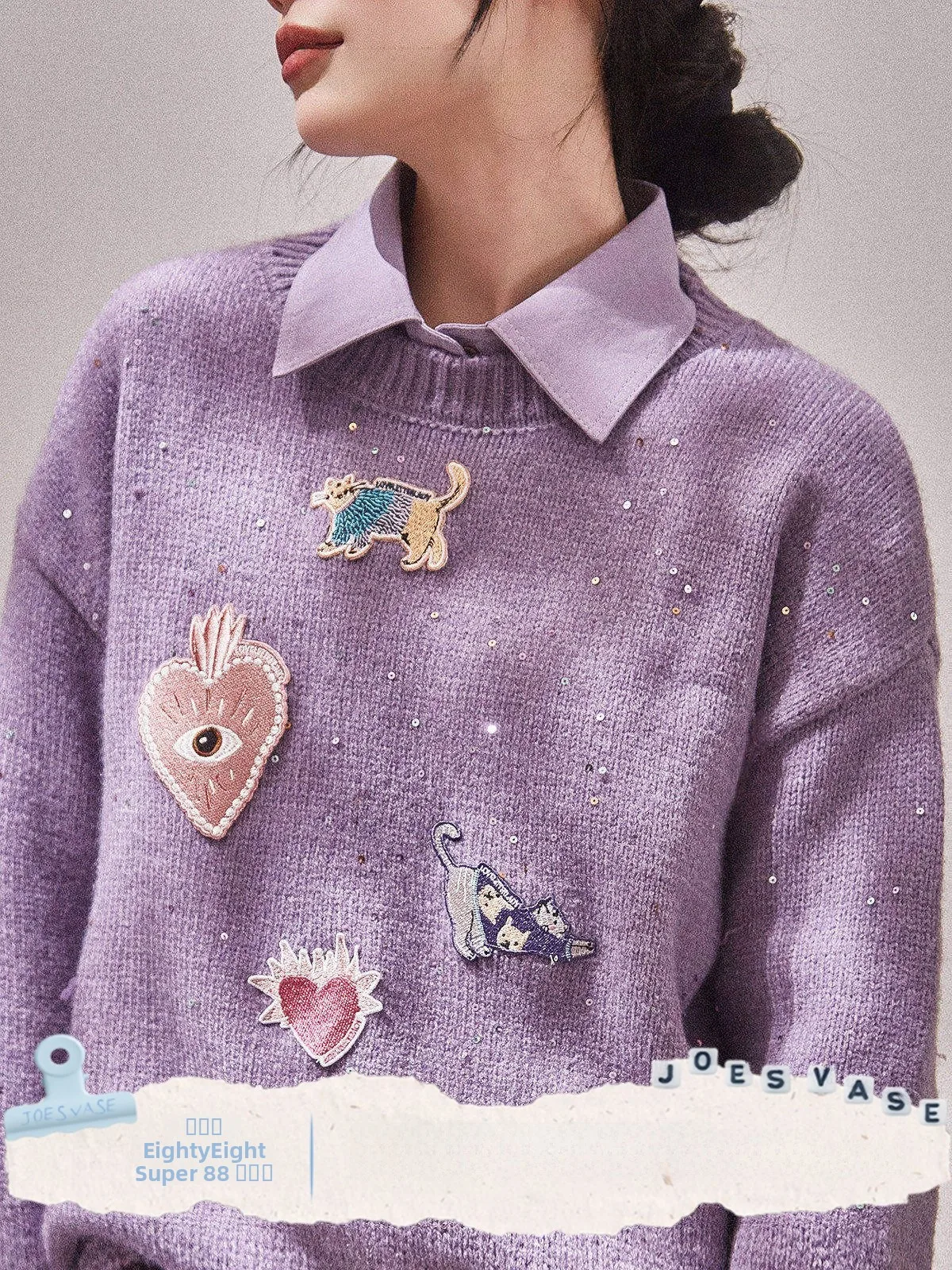 

Purple Glitter Knitted Sweater Women's New Autumn Season Embroidered Sequin Knitwear Jia And Flower Vase X Lab Berry Series