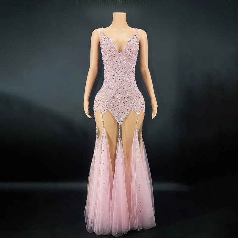 

New catwalk host party dinner dress shiny full diamond suspender wedding dress nightclub bar singer stage carnival dress