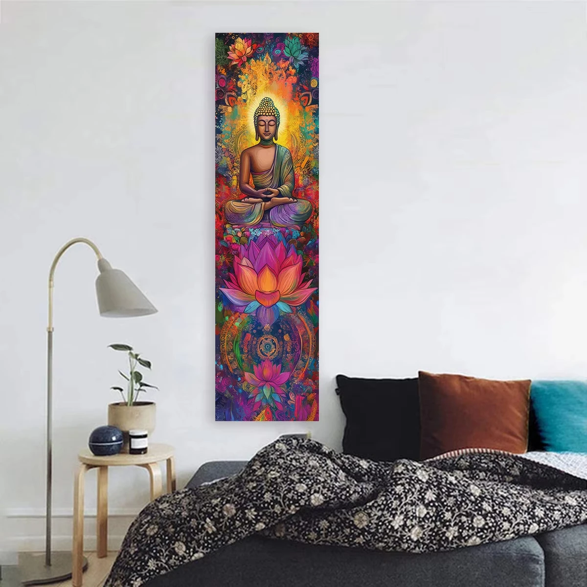 Buddha statues and lotus wall decor colorful mandala vertical tapestry meditation religious art tapestry long strip home decor