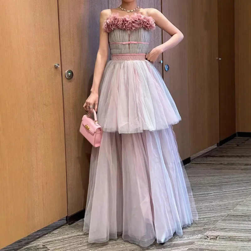 Qmqa moda feminina vestido de banquete roxo rosa emenda duplo grande balanço multi camada vestidos de festa 2025 feminino novo qm477