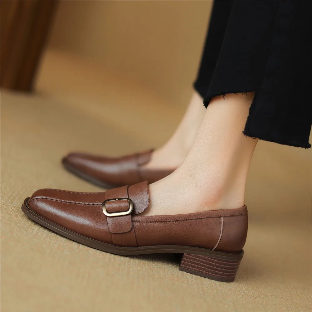 FEDONAS Spring Summer Women Pumps Genuine Leather Square Toe Thick Heels Fashion Belt Buckle Office Lady Working Shoes Woman New