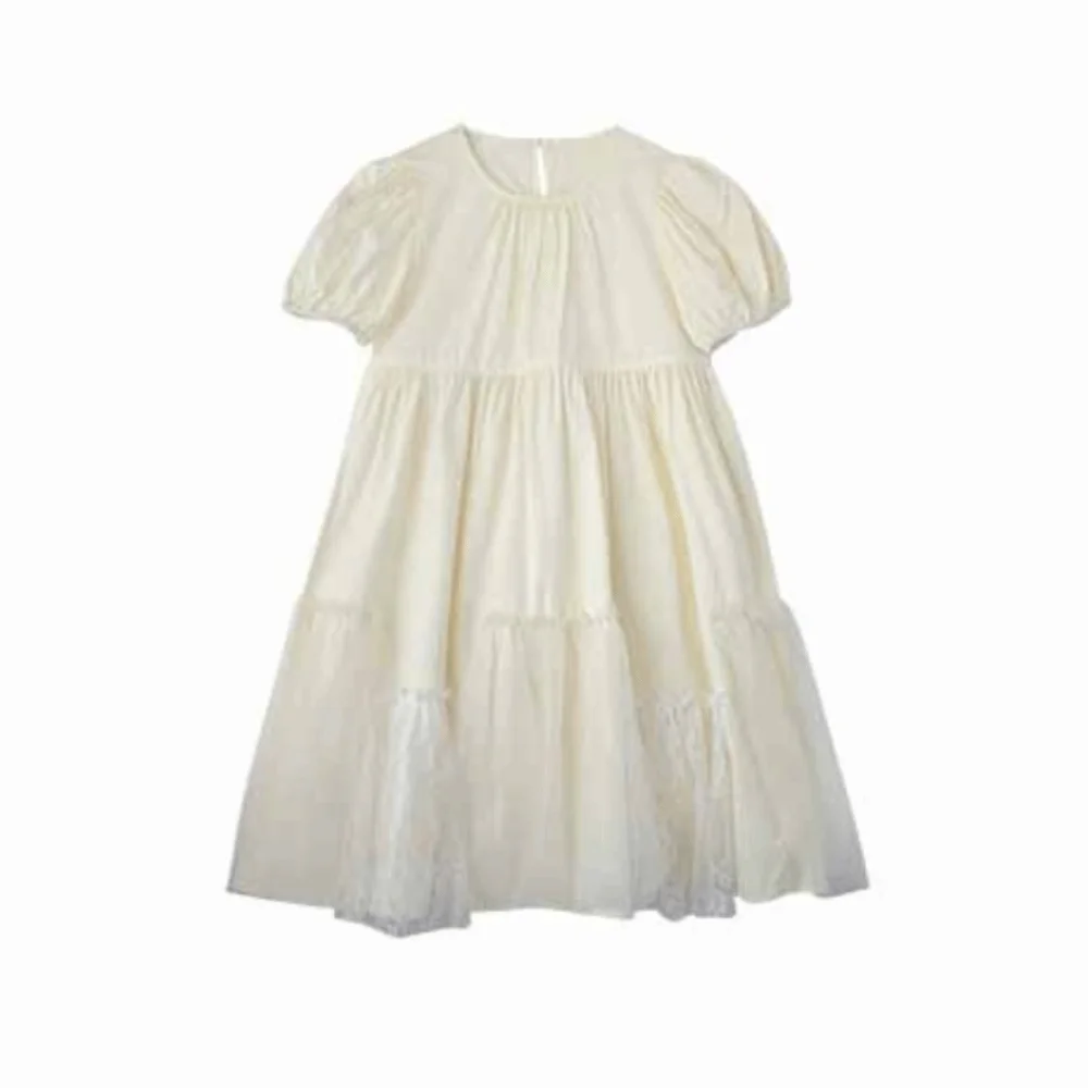 

Sweet Loose Girls Puff Sleeve Dress Lace Teenagers Summer Dresses Pleated Beach Vacation Children Princess Dress Party