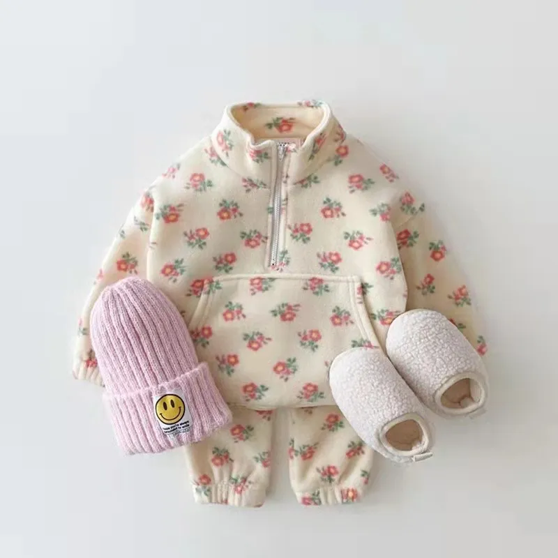 Baby Clothing Set Spring and Autumn Boys Girls Stand Collar Printed Velvet Casual All Match Velvet Warm Fashion Two Piece Set