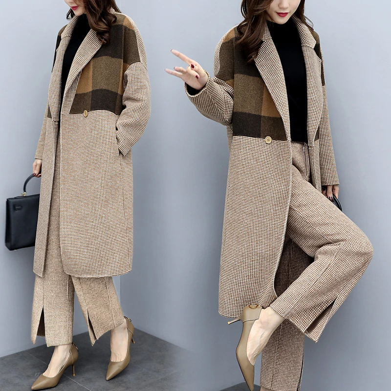 

New Women's Winter Two-Piece Suits Plaid Woolen Coat + Wide-Leg Pants Fashion Female Long Woolen Jacket Sets