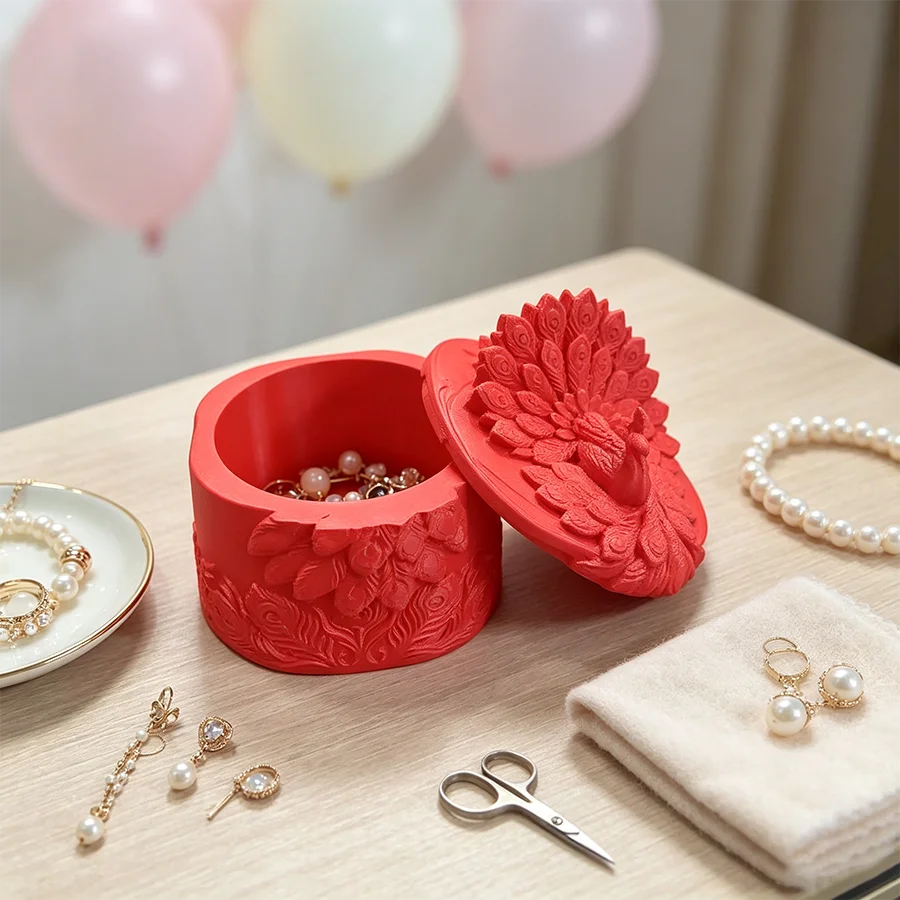 Exquisite Red Peacock Embossed Commemorative Storage Box with Lid, a Luxurious Dressing Table Jewelry Container with a 3D Peacock Design, Combining Both Collectible Value and Practicality. It Can Store Various Delicate Small Items Such as Jewelry and Hair Accessories. Suitable for Placing on Dressing Tables, Bedrooms, or Entryways, It Combines Practical Storage with Commemorative Significance. Ideal as a Holiday Gift or Birthday Keepsake. Matte Red Finish with a High-Quality Texture and Fine Craftsmanship. Light Luxury Retro Style
