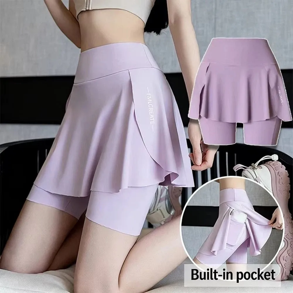 Elastic Women's Tennis Skirts Quick-Drying High Waist Fake Two-Piece Skirts Stretchy Material Built-in Pockets