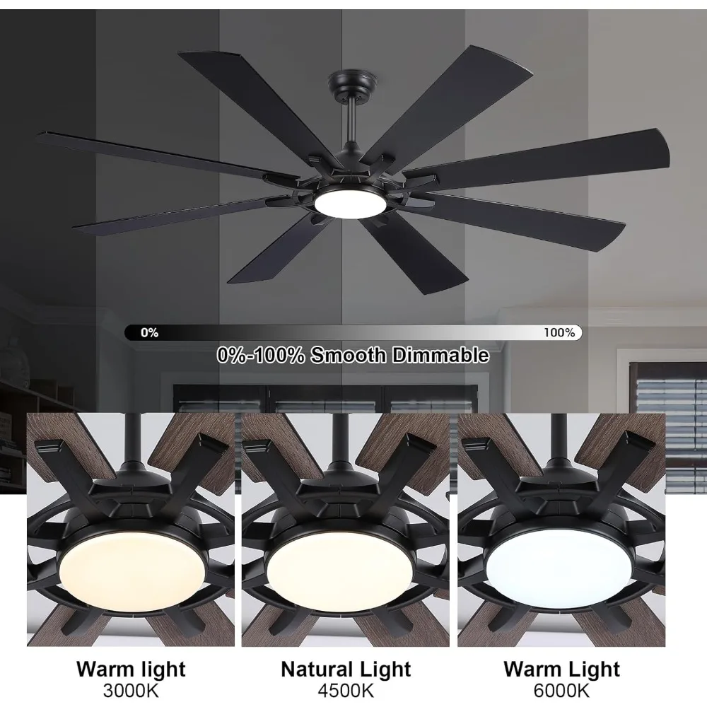 72inch Large Ceiling Fan with Light and Remote, Indoor/Outdoor Black Fan Lights for Patios, Led Living Room Modern Ceiling Fan