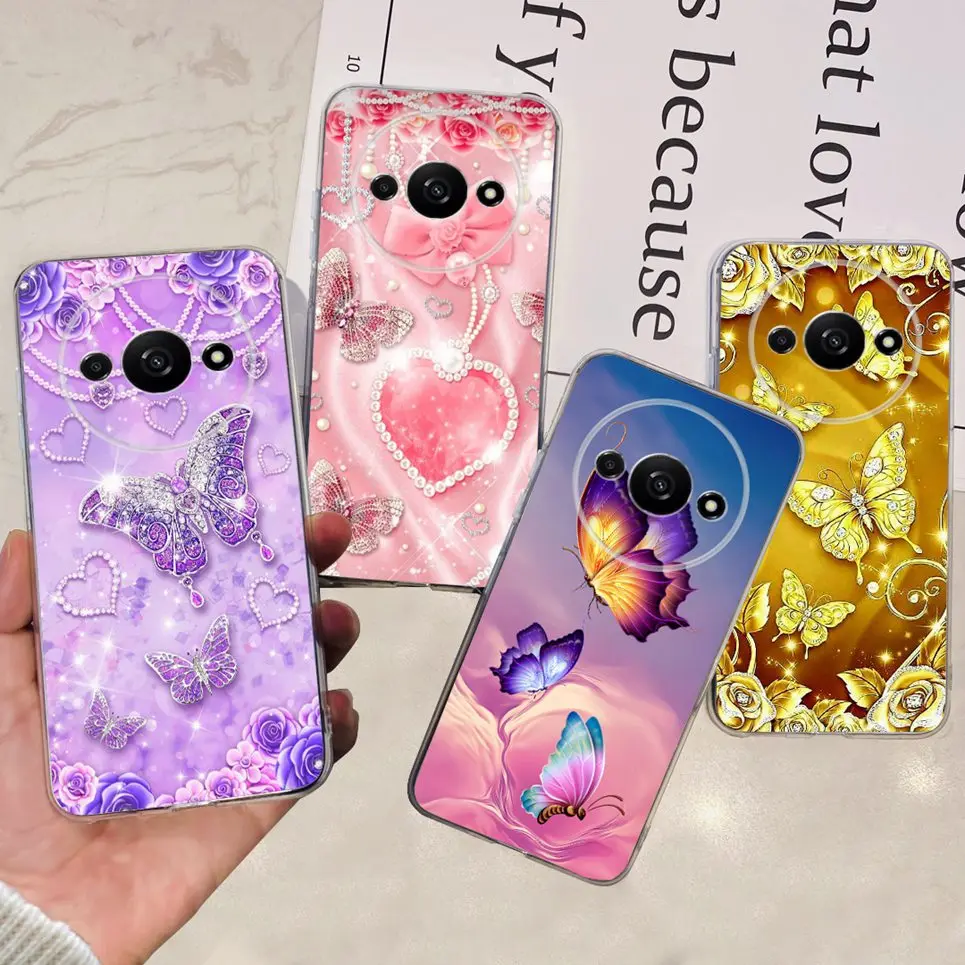 For Cover Xiaomi Redmi A3 A3x Phone Case Butterfly Flower Colorful Girly Funda Transparent Soft TPU Silicone RedmiA3 Back Cover