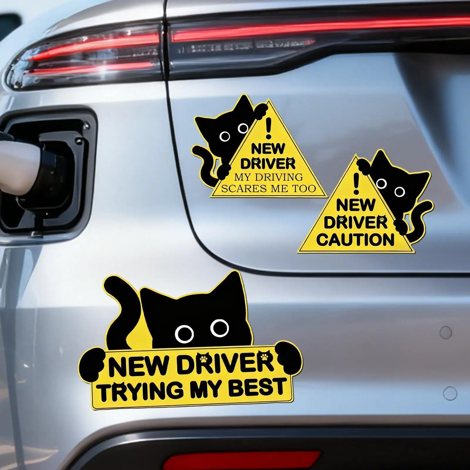 Student Driver Sticker 3 Pieces Black Cat Auto Decals Vehicle Decoration Decals For Drivers Road Trips Daily Commuting Outdoor