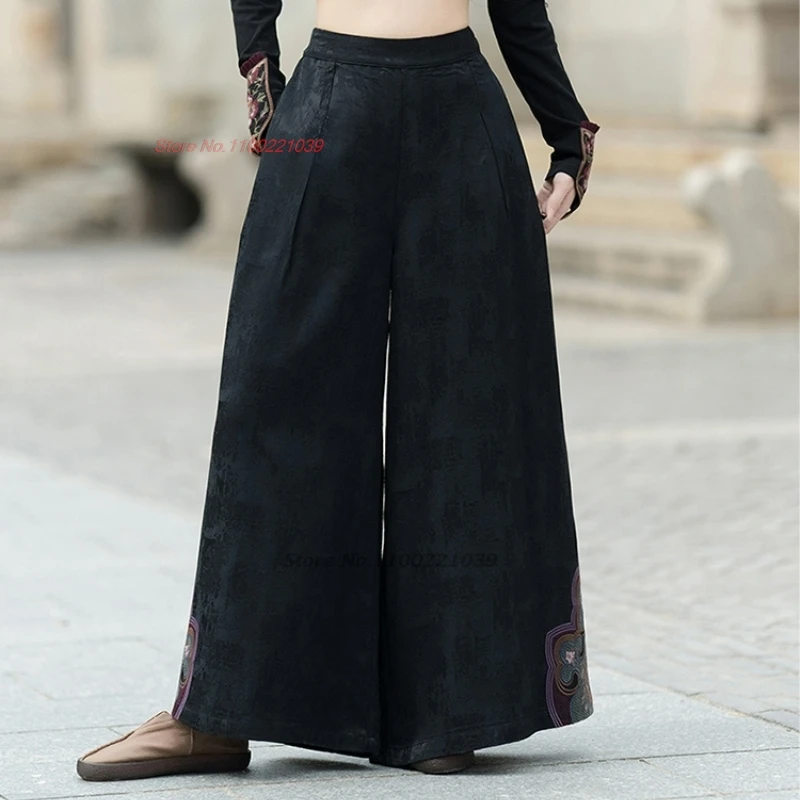 2025 chinese vintage pants satin jacquard trousers national flower embroidery ethnic folk pants elastic waist wide leg trousers