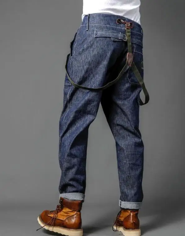 Men's Straight Shoulder Strap Jeans Loose Denim Overall Casual Multi Pocket Bib Jeans