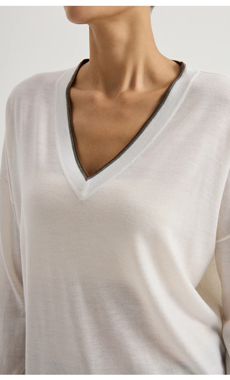 BD3621781 Damen 100% Wolle Oversized V-Ausschnitt Pullover Langarm Kontrastbesatz V-Form Kette Zweifarbig Entspannter Luxus Herbst – Detail 4