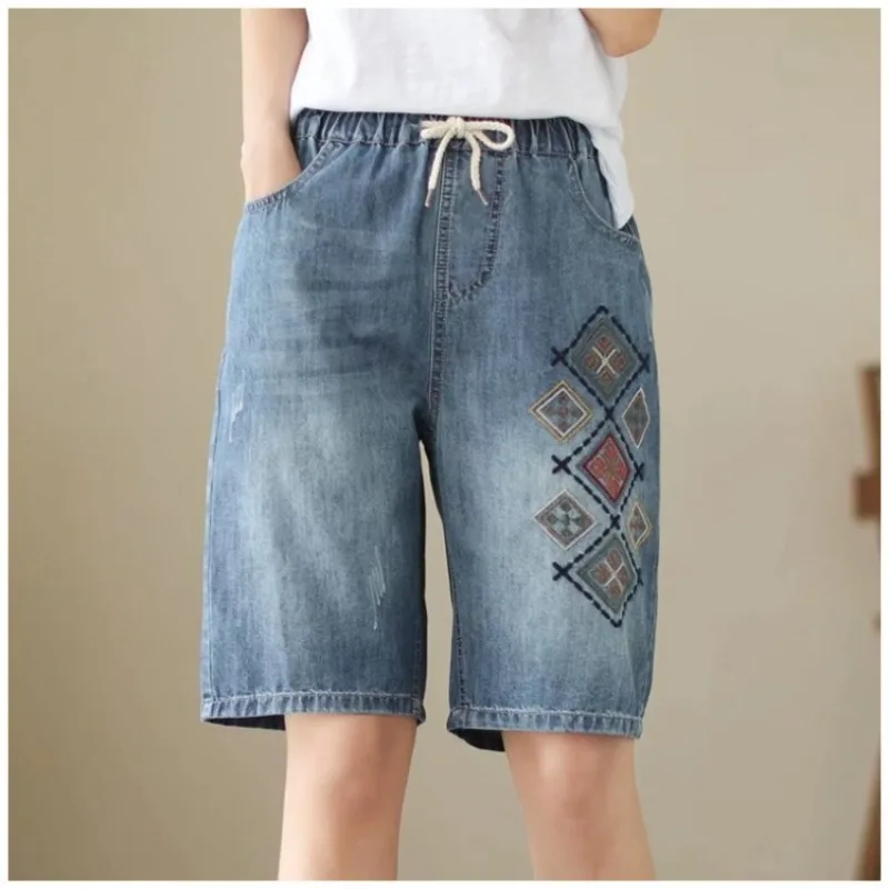 

Women Summer Vintage Embroidery Denim Shorts Good Quality Elastic Waist Soft Comfortable Indian Folk Retro Straight Short Pants