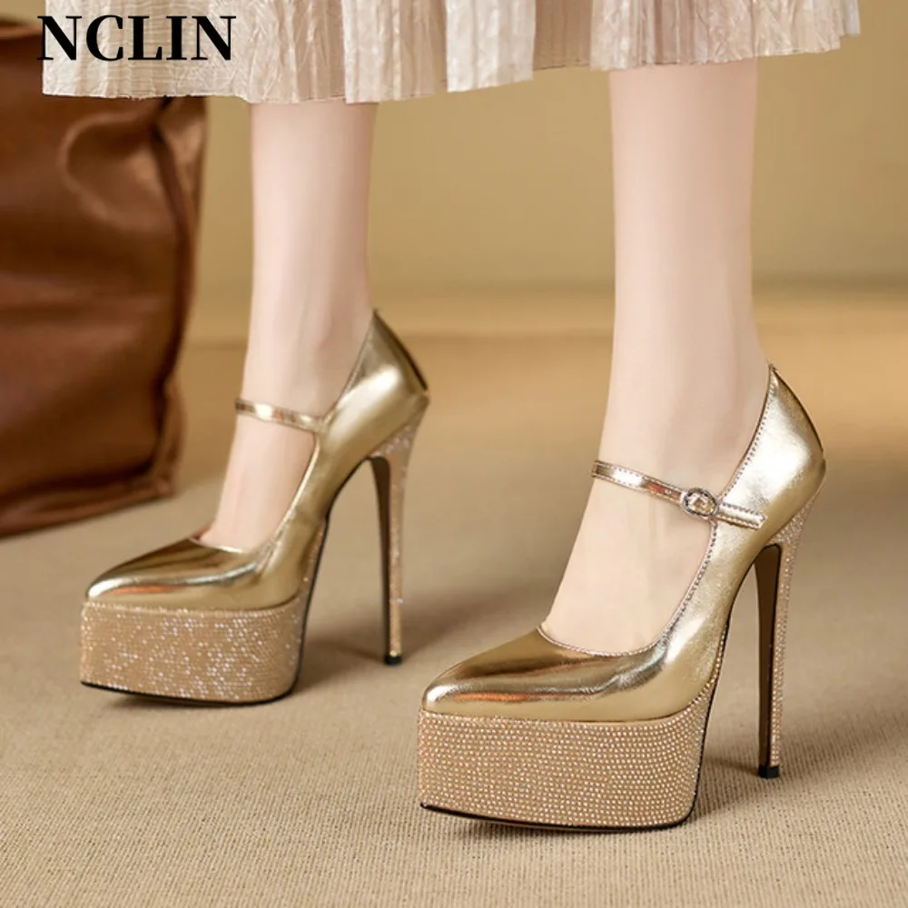 

Sexy Patent Leather Pointed Toe Platform High Heels Buckle Strap Pumps Women's Nightclub Pole Dance Shoes Wedding Shoes 16cm