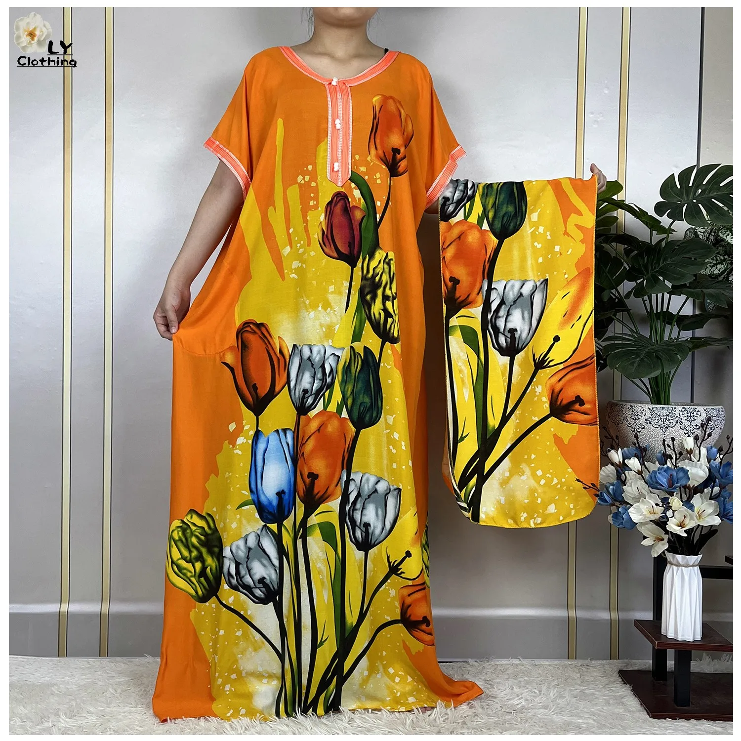 New Muslim Summer Womens Short Sleeve Dress 2023 African Abaya Loose Cotton Printing Floral Kaftan Islam Dress With Headscarf