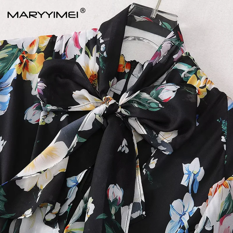 MARYYIMEI Women's Elegant Party Prom Dress Autumn V-Neck Long-Sleeved Floral-Print Lace-Up Slim Fashion Dresses