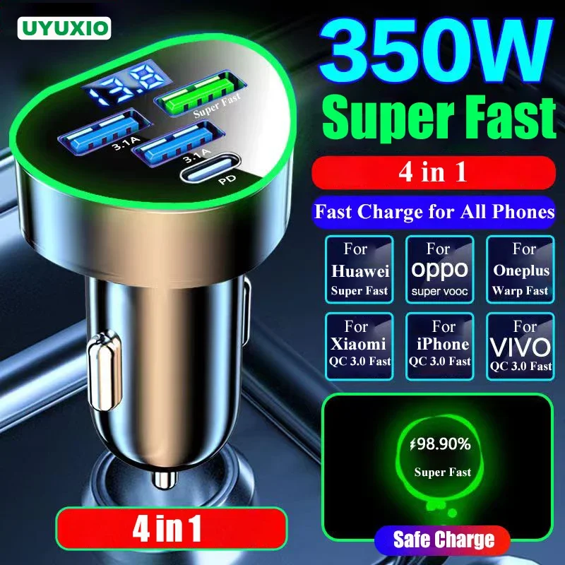 차량용 휴대폰 충전기, USB C 타입, 초고속 충전, LED 전압 모니터, 아이폰, 삼성, 화웨이, 원플러스, 비보, Oppo