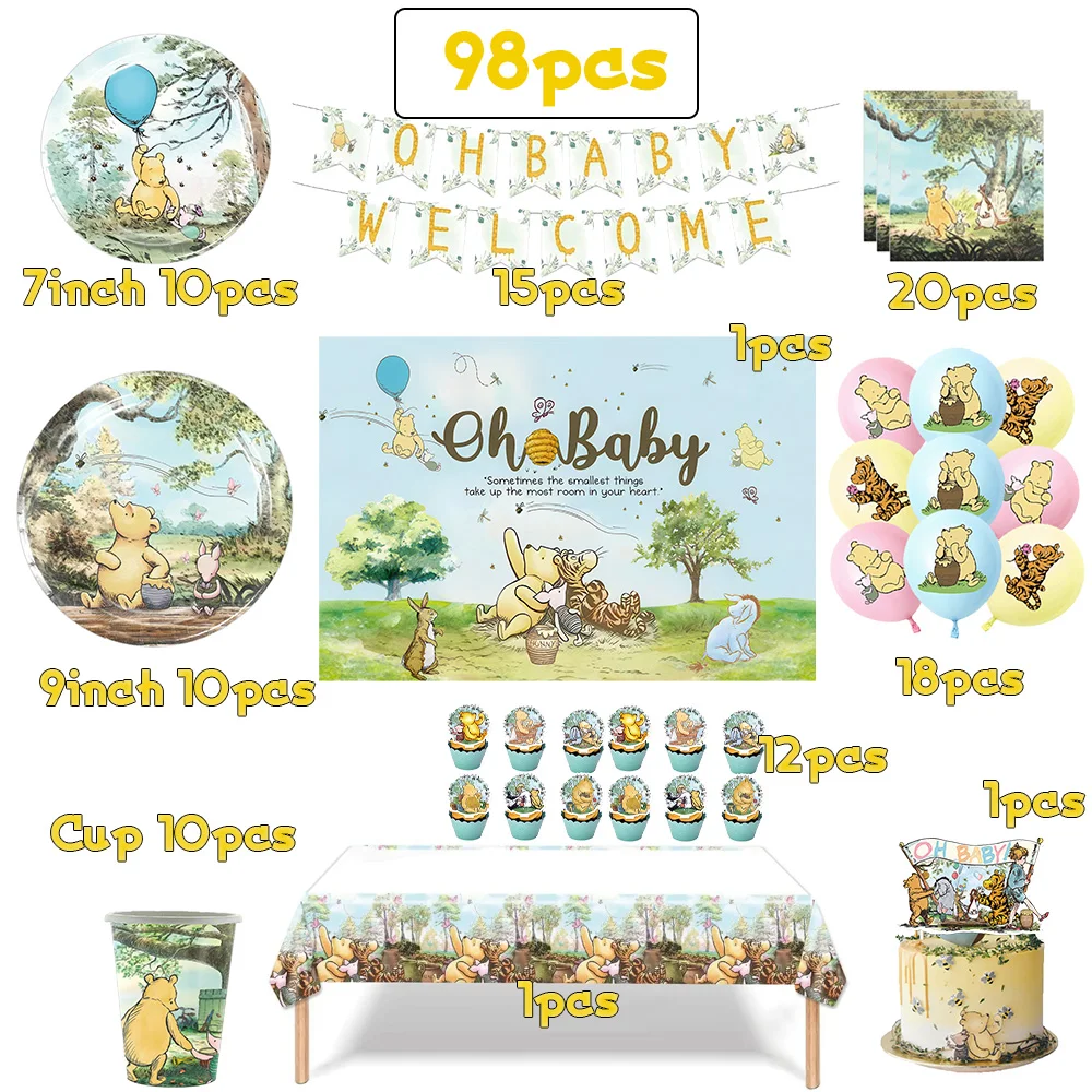 Winnie Puuh Geburtstagsdekoration Puuh-Bär Teller Tischdecken Servietten Banner Becher Kindergeburtstag Geschenke Babyparty