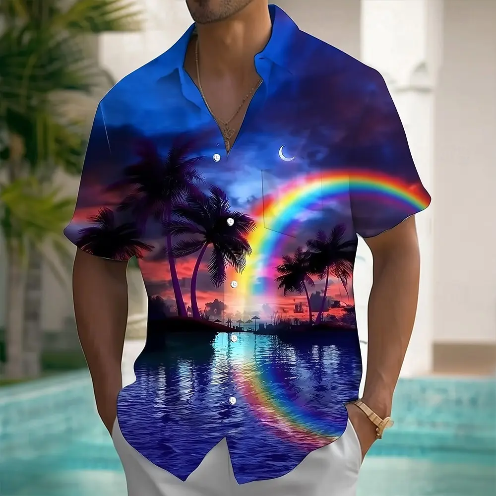 

Men's Rainbow Coconut Tree Hawaiian Shirt, Short Sleeve Turndown Collar 3D Print Shirt, Blue Orange Purple