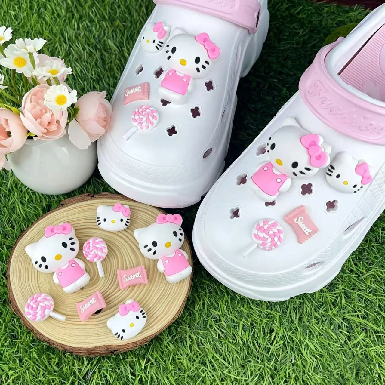 Mesuca Hello Kitty Cartoon Series Shoe Charms For Slides Sandals,PVC Shoe Decorations Accessories For Christmas Birthday Gift