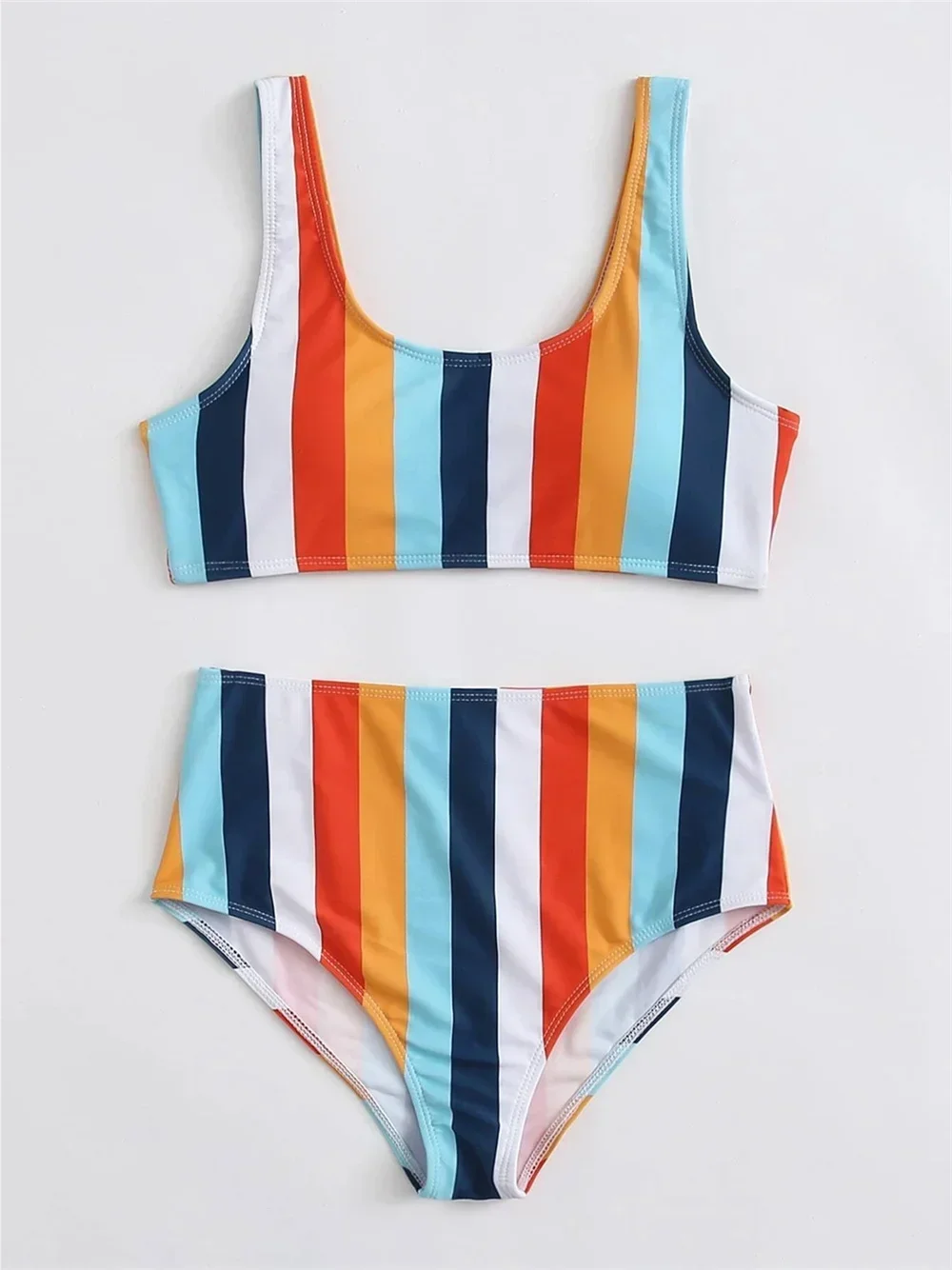 Maillot de bain deux pièces à rayures, style vintage, bikini, culotte tanga, taille haute, style brésilien, pour femmes, vêtements de plage