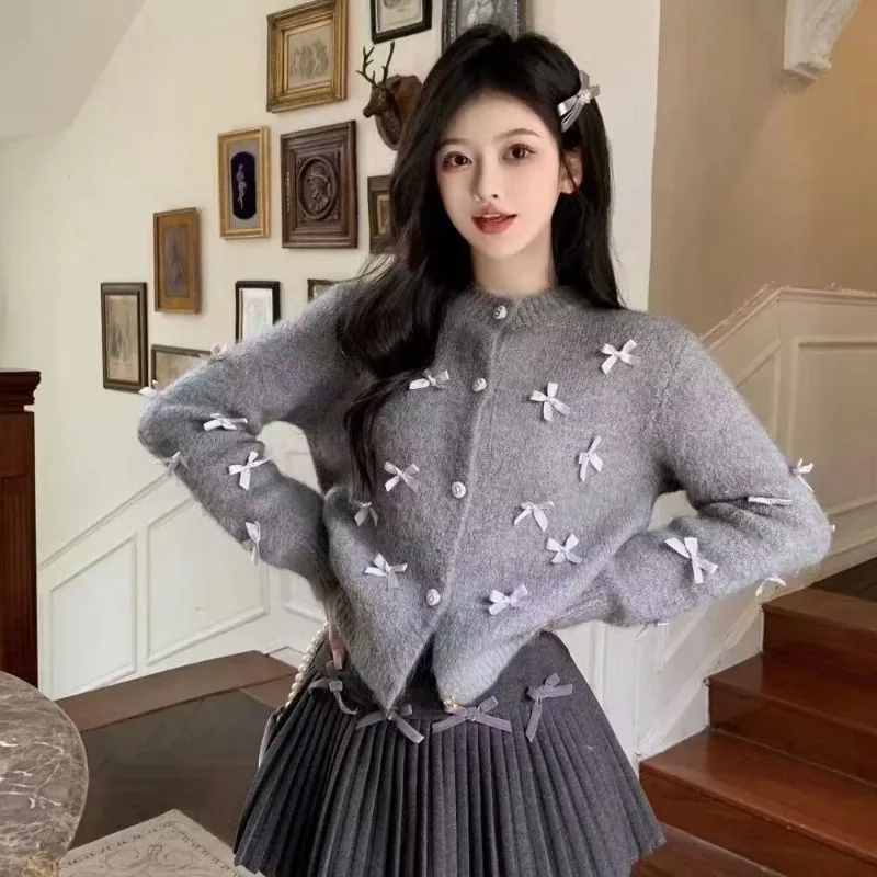 Heavy Industry Design Bow Fragrant Style Knitted Top Sweater Cardigan Autumn and Winter New Grey Jacket