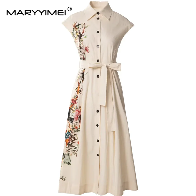 MARYYIMEI Fashion Design Women's Commuter Dress Turn-Down Collar Garment sleeves Single-Breasted Lace-Up Cotton Dresses