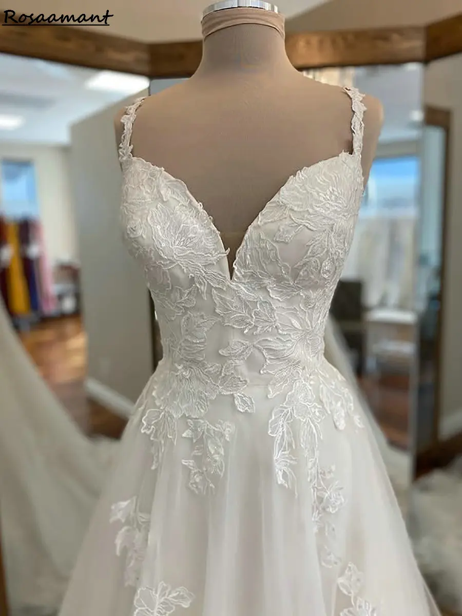 Elegant Sweetheart สปาเก็ตตี้สายรัด A-Line ชุดแต่งงานแขนกุด Appliques ลูกไม้ประเทศชุดเจ้าสาว